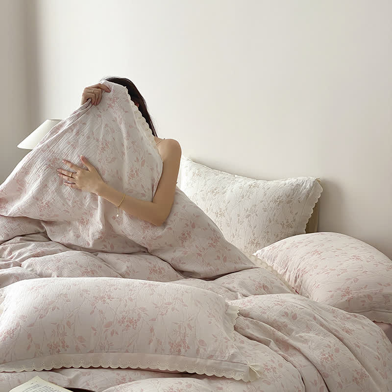 Set di biancheria da letto in garza di cotone con foglie sottili vintage (4 pezzi) - image 10