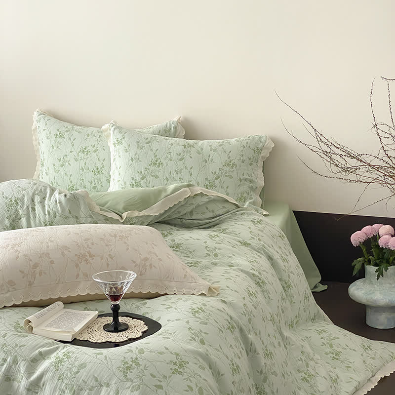 Set di biancheria da letto in garza di cotone con foglie sottili vintage (4 pezzi) - image 3