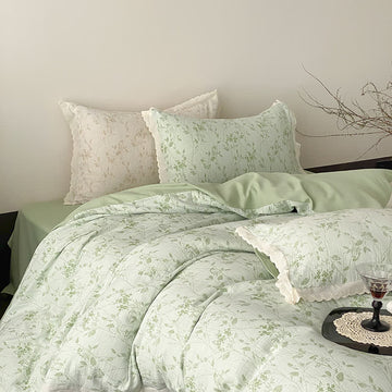 Set di biancheria da letto in garza di cotone con foglie sottili vintage (4 pezzi) - Verde - Matrimoniale Grande - image 0
