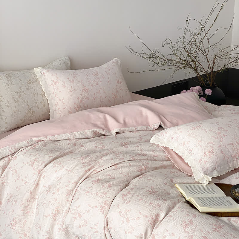 Set di biancheria da letto in garza di cotone con foglie sottili vintage (4 pezzi) - Rosa - Matrimoniale Grande - image 6