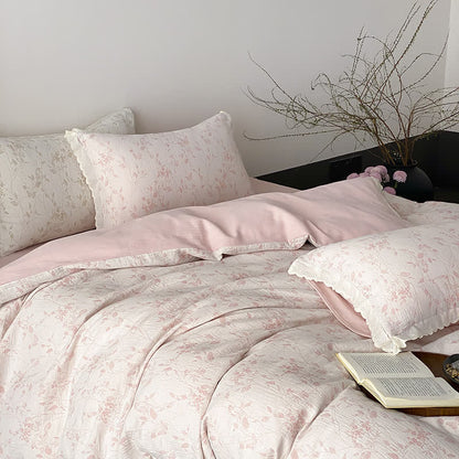 Set di biancheria da letto in garza di cotone con foglie sottili vintage (4 pezzi) - Rosa - Matrimoniale Grande - image 6