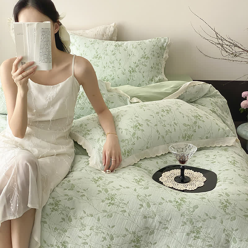 Set di biancheria da letto in garza di cotone con foglie sottili vintage (4 pezzi) - image 1