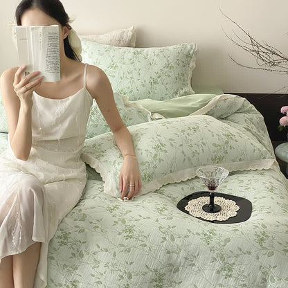 Set di biancheria da letto in garza di cotone con foglie sottili vintage (4 pezzi) - image 1