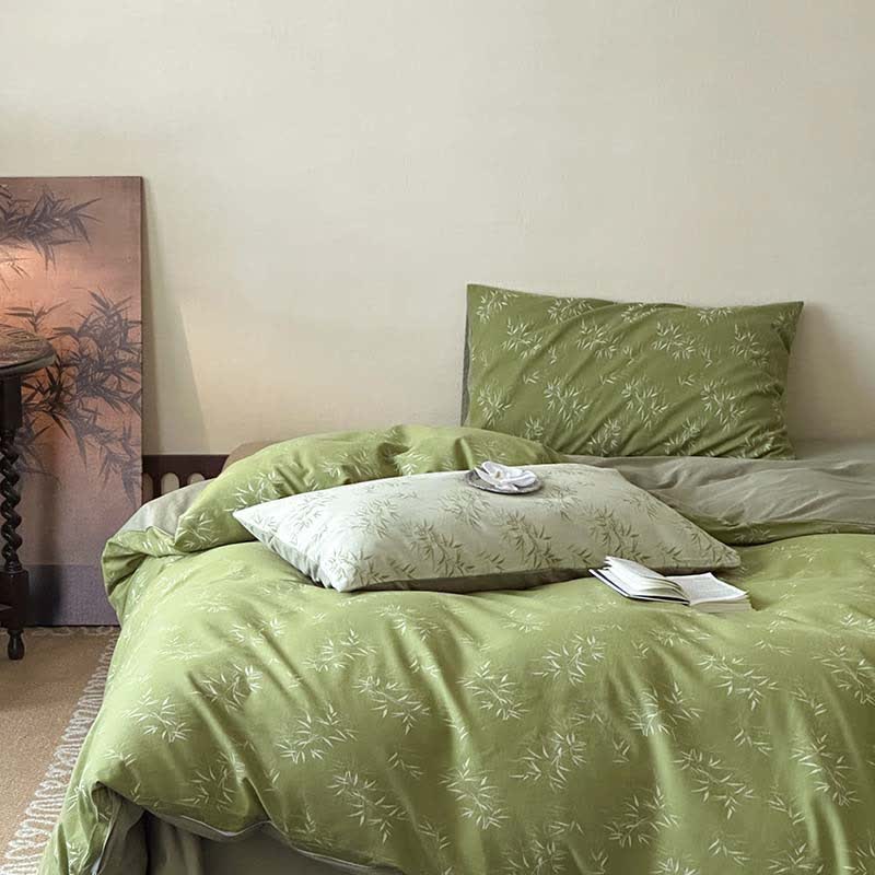 Set di biancheria da letto in cotone jacquard con foglie di bambù orientali (4 pezzi) - Verde scuro - Matrimoniale Grande - image 9