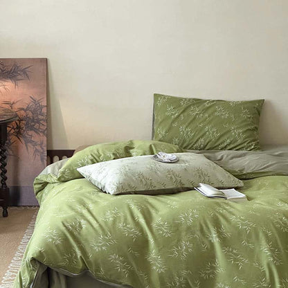 Set di biancheria da letto in cotone jacquard con foglie di bambù orientali (4 pezzi) - Verde scuro - Matrimoniale Grande - image 9