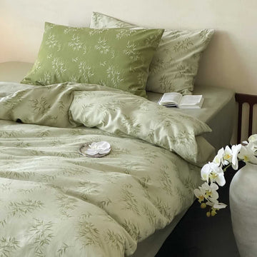 Set di biancheria da letto in cotone jacquard con foglie di bambù orientali (4 pezzi) - Verde chiaro - Matrimoniale Grande - image 0