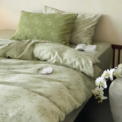 Set di biancheria da letto in cotone jacquard con foglie di bambù orientali (4 pezzi) - Verde chiaro - Matrimoniale Grande - image 0