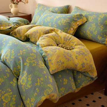 Biancheria da letto in garza di cotone con rose verdi e gialle - Set di biancheria da letto - Matrimoniale Grande - image 0