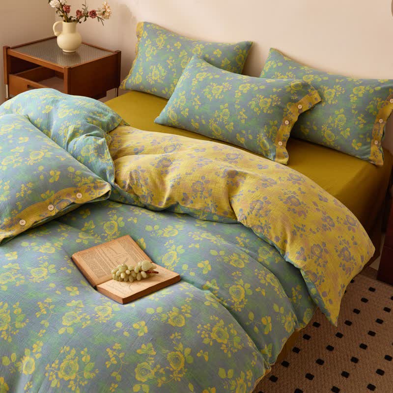 Biancheria da letto in garza di cotone con rose verdi e gialle - image 2