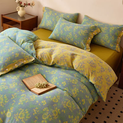Biancheria da letto in garza di cotone con rose verdi e gialle - image 2