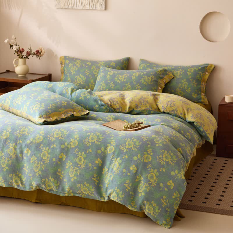 Biancheria da letto in garza di cotone con rose verdi e gialle - image 1