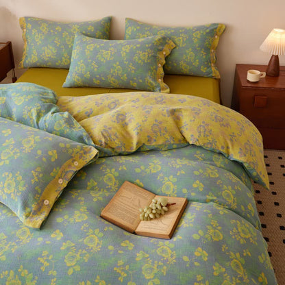 Biancheria da letto in garza di cotone con rose verdi e gialle - image 4
