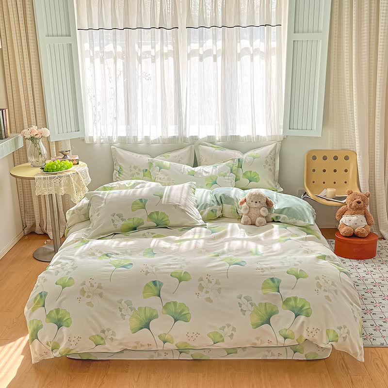 Set di biancheria da letto in cotone con foglie di ginkgo verde fresco (4 pezzi) - image 1