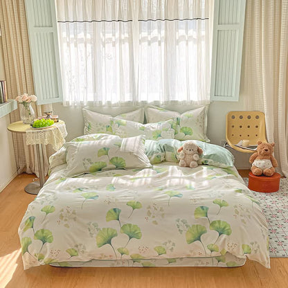 Set di biancheria da letto in cotone con foglie di ginkgo verde fresco (4 pezzi) - image 1