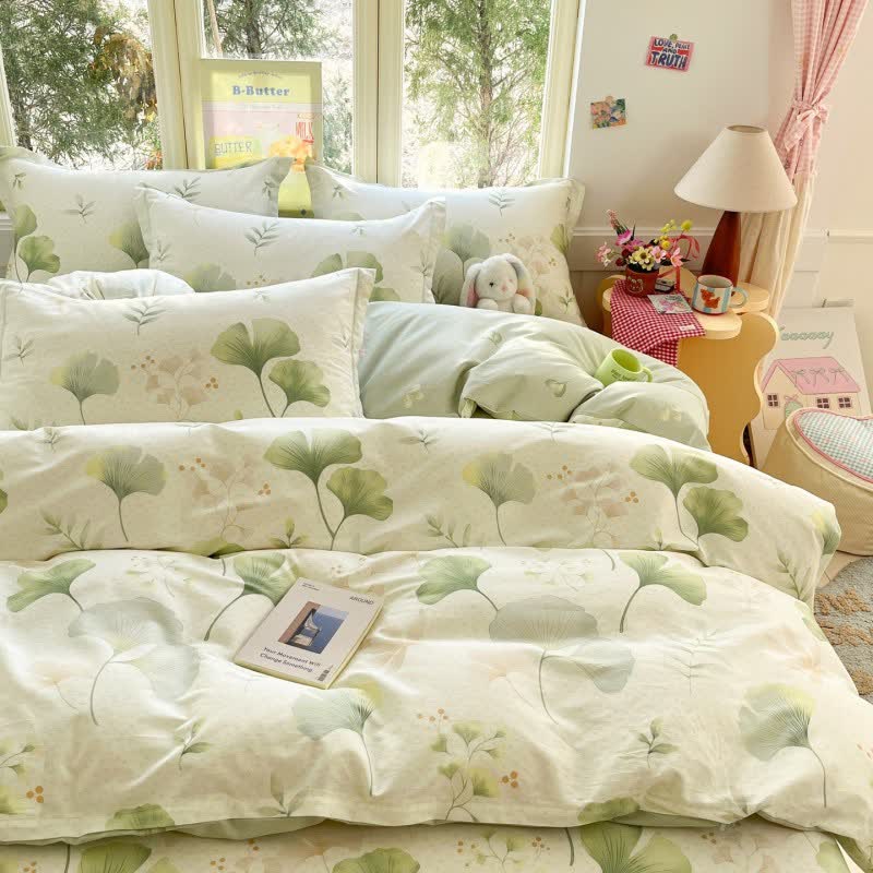 Biancheria da letto in cotone con foglie di ginkgo rustico e fresco - image 1