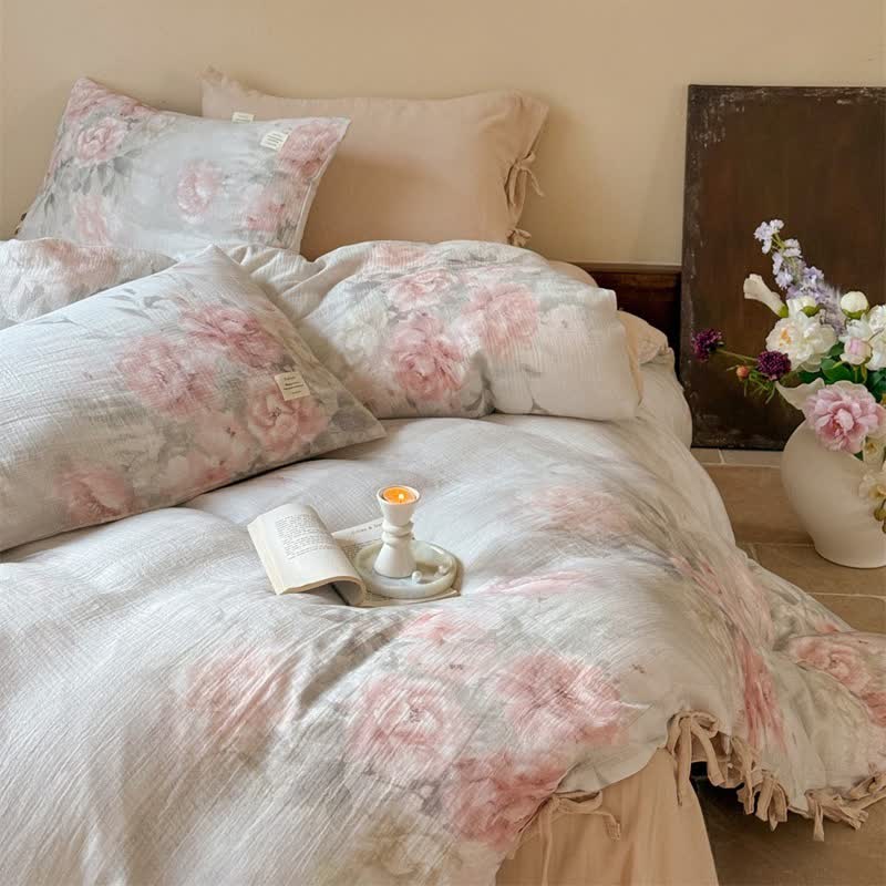 Elegante set di biancheria da letto in cotone con chiusura a lacci e motivo peonia (4 pezzi) - image 5