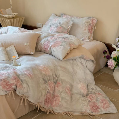 Elegante set di biancheria da letto in cotone con chiusura a lacci e motivo peonia (4 pezzi) - image 3