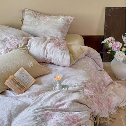 Elegante set di biancheria da letto in cotone con chiusura a lacci e motivo peonia (4 pezzi) - image 1