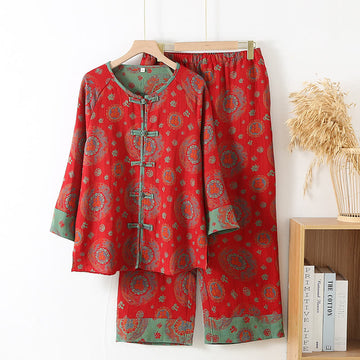 Completo da notte in cotone con motivo circolare orientale Fu - Rosso - XL - image 0
