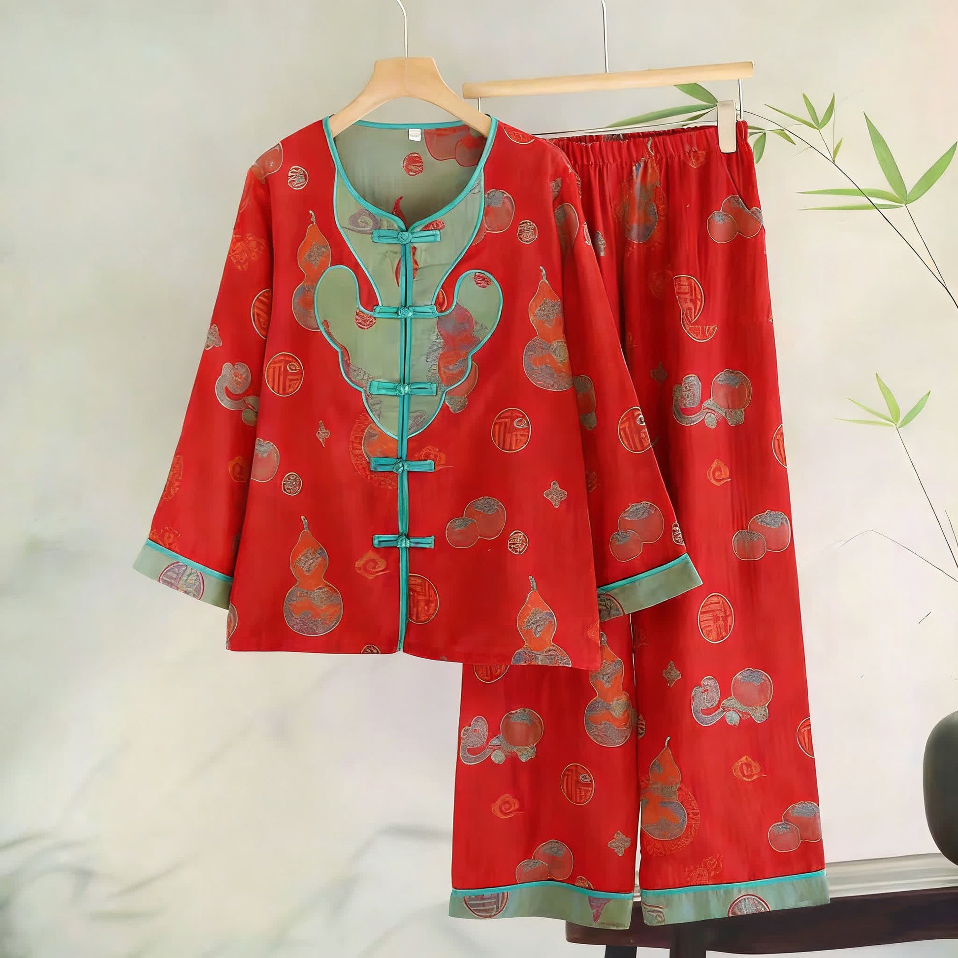 Pigiama in garza di cotone jacquard con motivo zucca orientale - Rosso - XL - image 0