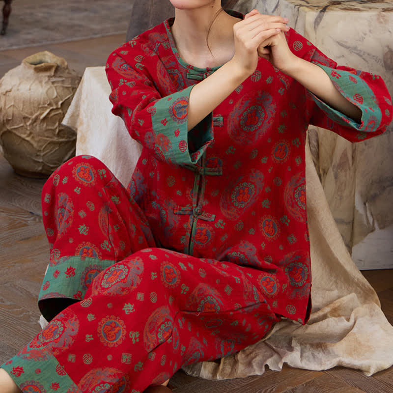 Completo da notte in cotone con motivo circolare orientale Fu - image 6