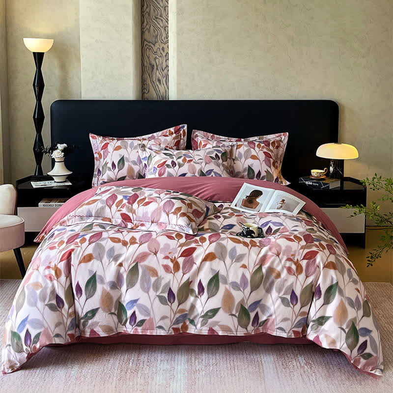 Set di biancheria da letto in cotone spazzolato con foglie colorate (4 pezzi) - Rosa - Matrimoniale Grande - image 0