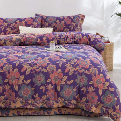 Set di biancheria da letto in cotone a doppia garza con motivo floreale viola (4 pezzi) - image 1