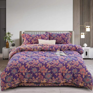 Set di biancheria da letto in cotone a doppia garza con motivo floreale viola (4 pezzi) - Viola - Matrimoniale Grande - image 0