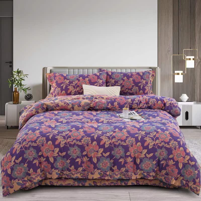 Set di biancheria da letto in cotone a doppia garza con motivo floreale viola (4 pezzi) - Viola - Matrimoniale Grande - image 0