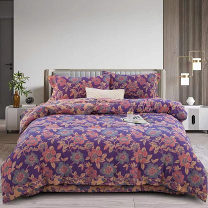 Set di biancheria da letto in cotone a doppia garza con motivo floreale viola (4 pezzi) - Viola - Matrimoniale Grande - image 0