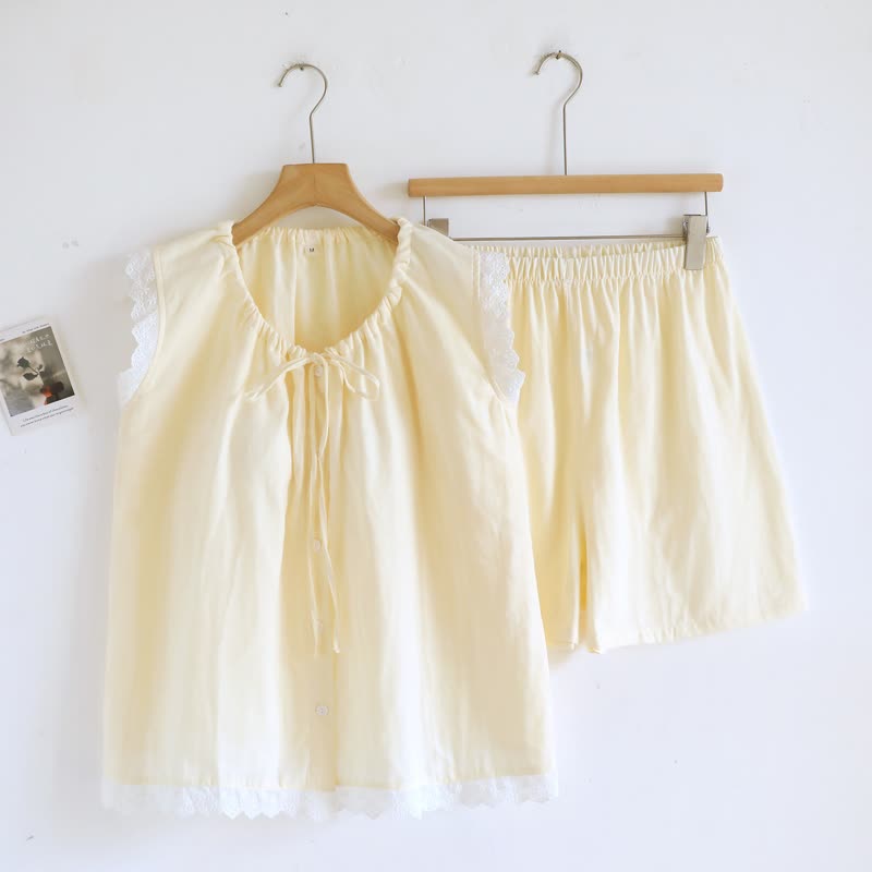 Pigiama in cotone tinta unita con pizzo - Beige - XL - image 22