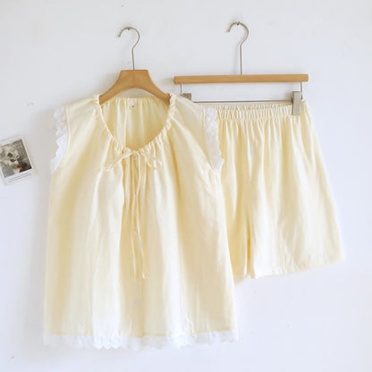 Pigiama in cotone tinta unita con pizzo - Beige - XL - image 22