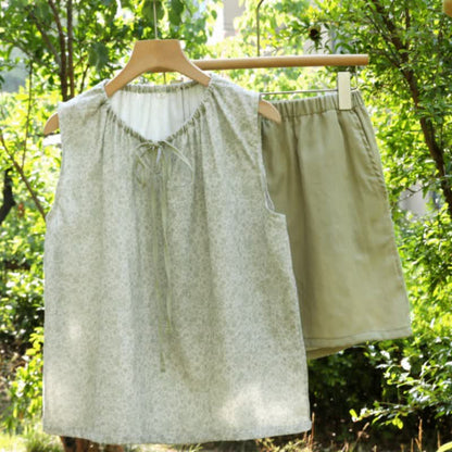 Pigiama completo con canotta e pantaloncini in cotone a fiori piccoli - Verde - XL - image 16