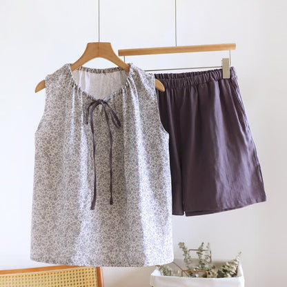 Pigiama completo con canotta e pantaloncini in cotone a fiori piccoli - Viola - XL - image 19