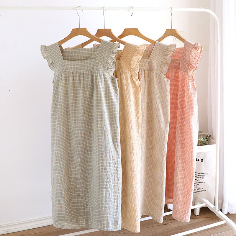 Camicia da notte con maniche a palloncino in garza di cotone scozzese - image 0