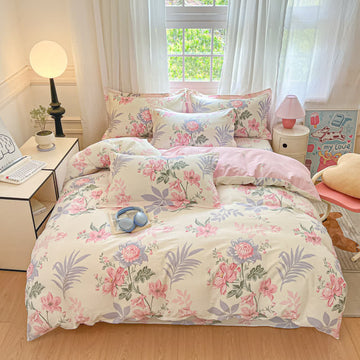 Set di biancheria da letto in cotone con motivo floreale e foglie pastorali (4 pezzi) - Rosa - Matrimoniale Grande - image 0