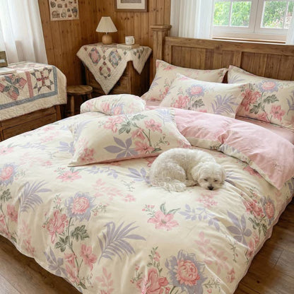 Set di biancheria da letto in cotone con motivo floreale e foglie pastorali (4 pezzi) - image 2