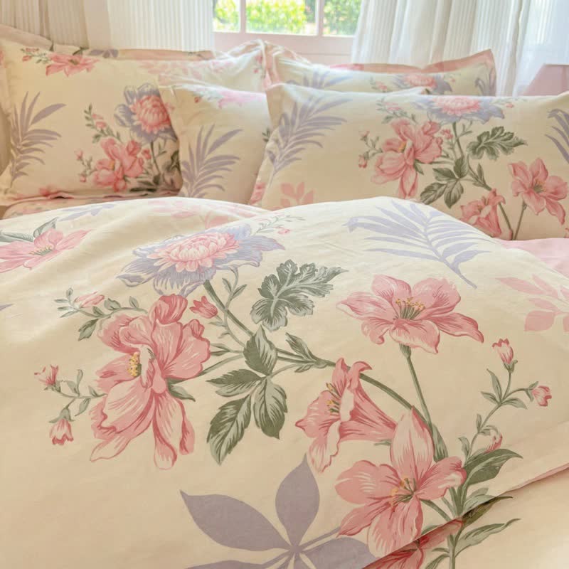 Set di biancheria da letto in cotone con motivo floreale e foglie pastorali (4 pezzi) - image 4
