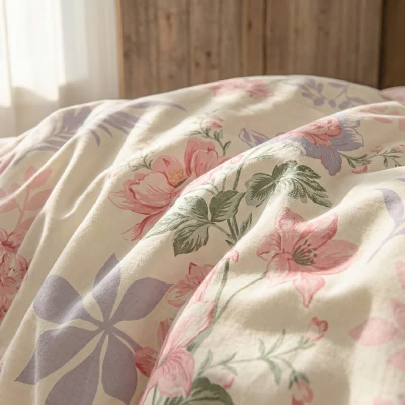 Set di biancheria da letto in cotone con motivo floreale e foglie pastorali (4 pezzi) - image 5