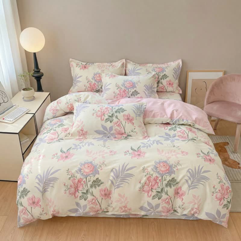 Set di biancheria da letto in cotone con motivo floreale e foglie pastorali (4 pezzi) - image 3
