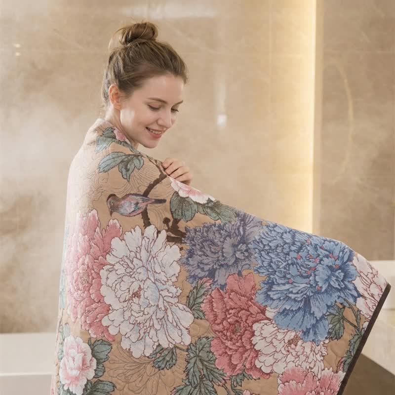 Lussuoso asciugamano da bagno in garza di cotone con motivo peonia - image 3