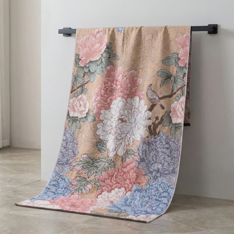 Lussuoso asciugamano da bagno in garza di cotone con motivo peonia - image 2