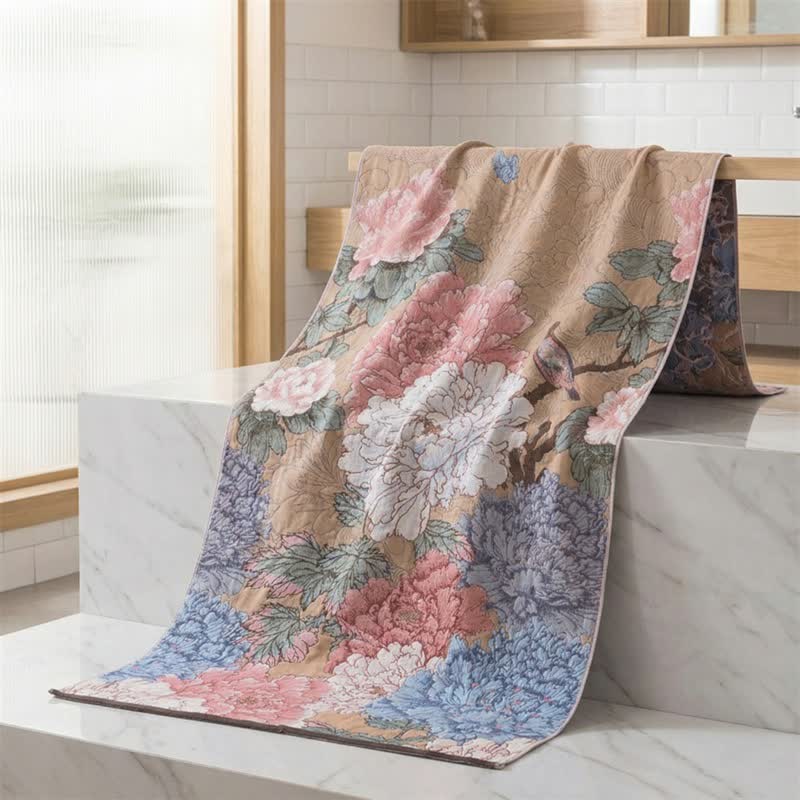 Lussuoso asciugamano da bagno in garza di cotone con motivo peonia - image 1