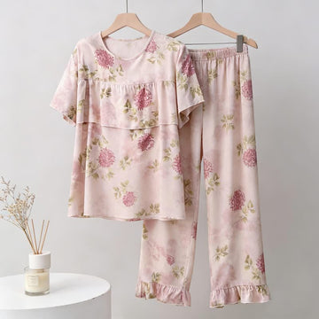 Pigiama con scollo rotondo e motivo crisantemo rosa - Rosa - 3XL - image 0
