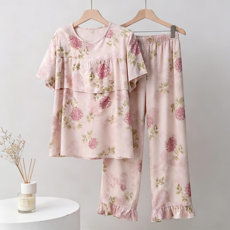 Pigiama con scollo rotondo e motivo crisantemo rosa - Rosa - 3XL - image 0