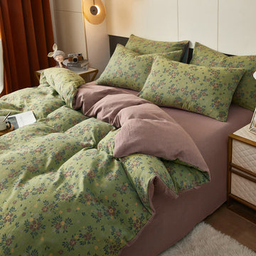 Biancheria da letto in cotone a doppia garza con motivi floreali - Verde - Copripiumino - Matrimoniale Grande - image 0