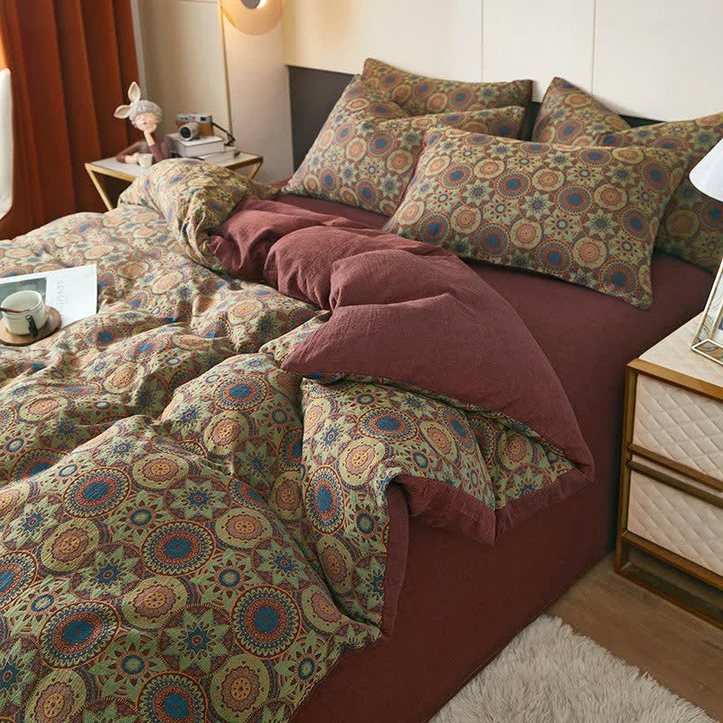 Biancheria da letto in cotone jacquard con medaglione vintage - Rosso - Copripiumino - Matrimoniale Grande - image 0
