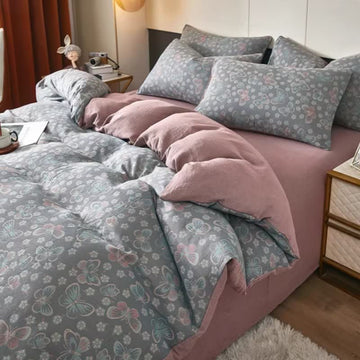 Biancheria da letto in cotone a doppia garza con farfalle e fiori - Grigio - Copripiumino - Matrimoniale Grande - image 0