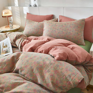 Biancheria da letto in cotone a doppia garza con motivo floreale e foglia Cottage - Rosa - Copripiumino - Matrimoniale Grande - image 0