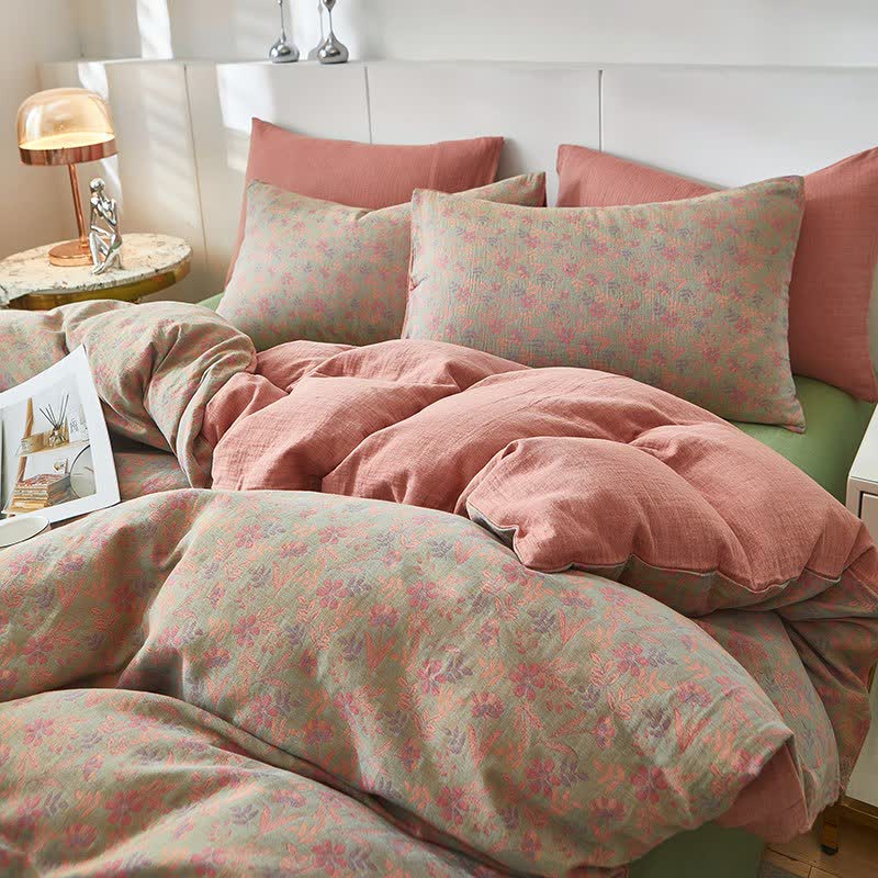 Biancheria da letto in cotone a doppia garza con motivo floreale e foglia Cottage - Rosa - Copripiumino - Matrimoniale Grande - image 0